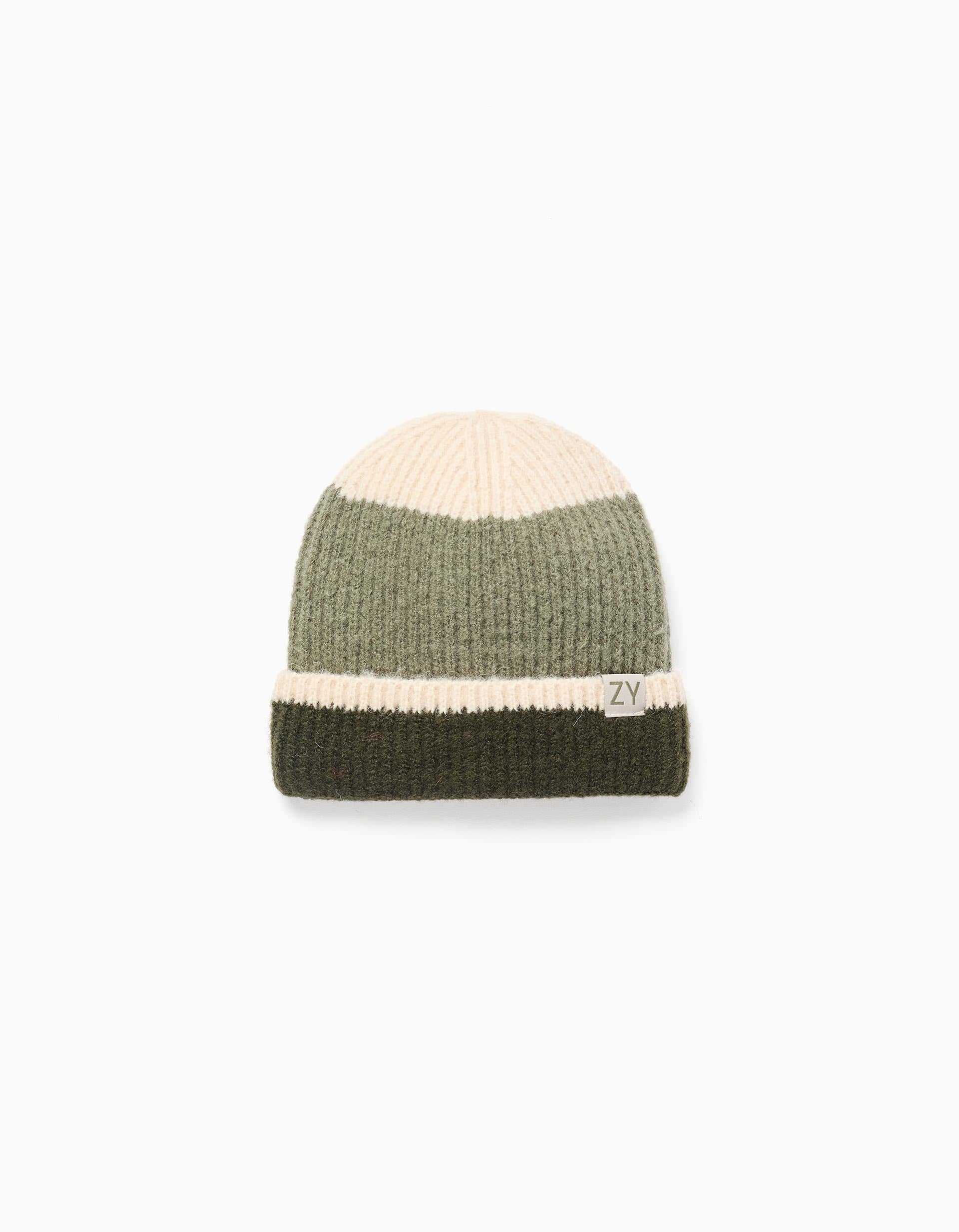 Gorro em malha canelada para menino, bege/verde