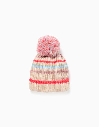 Gorro de punto con jacquard y pompón para niña, multicolor