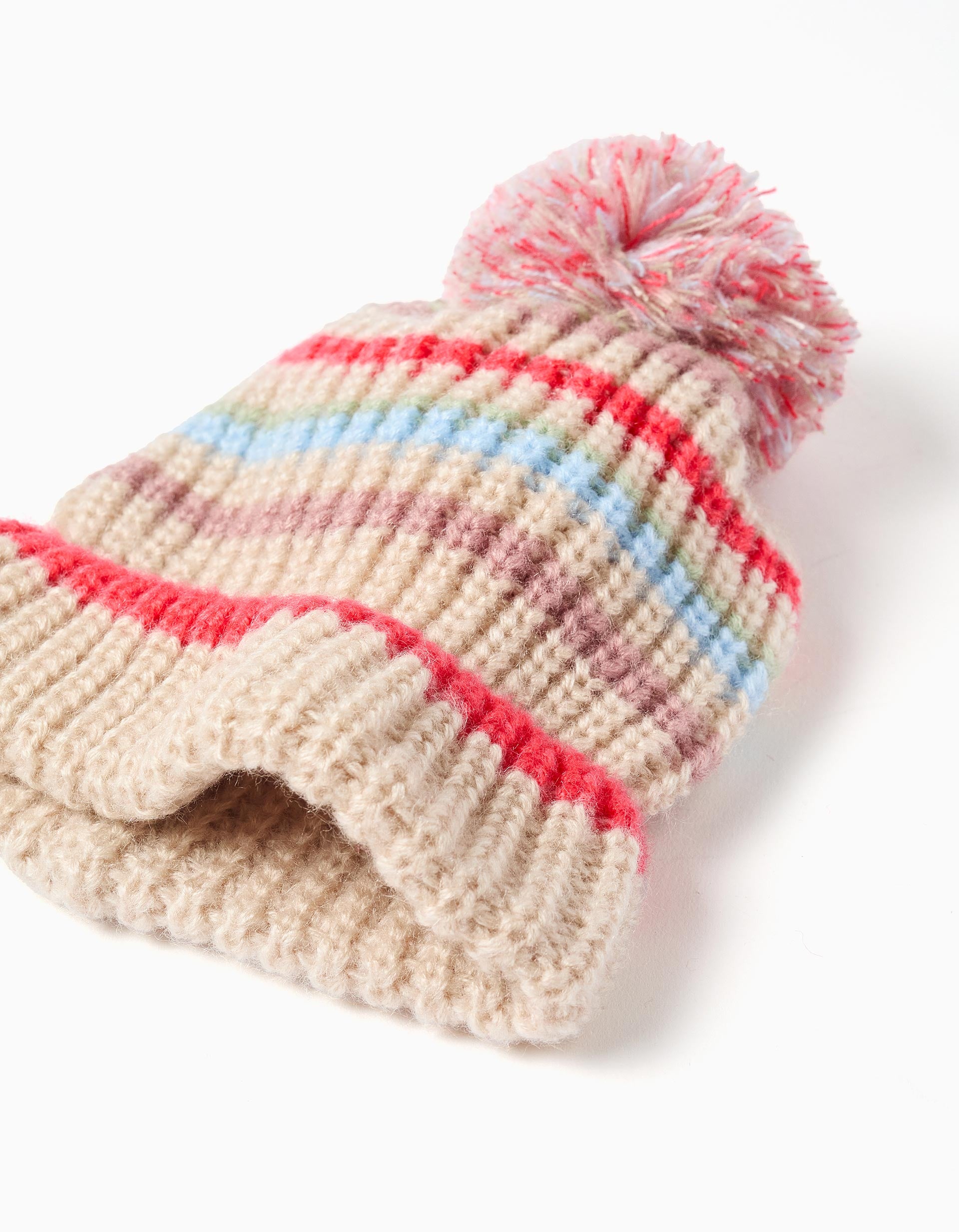 Gorro de malha com jacquard e pompom para menina, multicolor