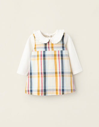 Bodysuit + Pinafore Dress with Check for Newborn Girls 'B&S', Multicolour