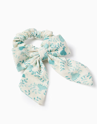 Coletero Scrunchie Floral con Lazo para Bebé y Niña, Blanco/Verde