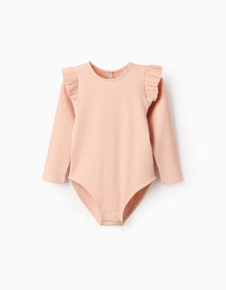 Body de canalé de manga larga con volantes para niña, rosa claro