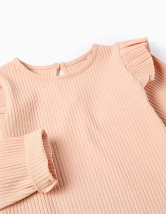 Body de canalé de manga larga con volantes para niña, rosa claro