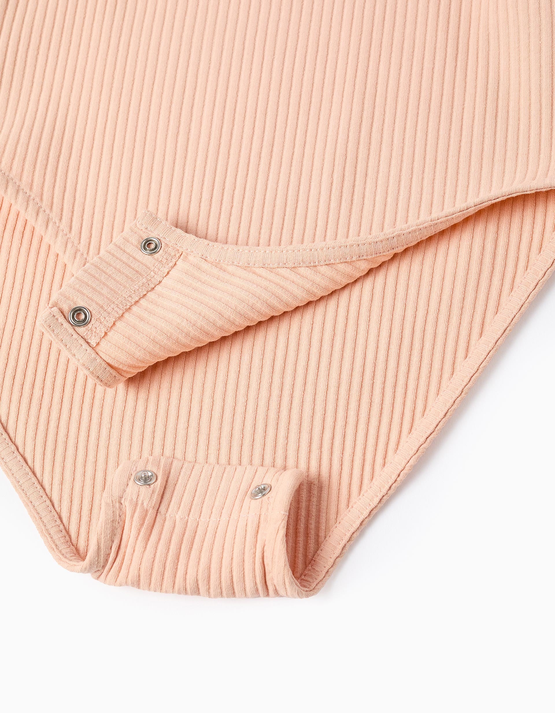 Body canelado de manga comprida com folhos para menina, rosa-claro