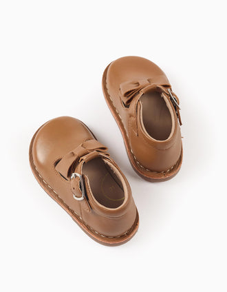 Leather Mary Jane Shoes with Bow for Baby Girls, Camel