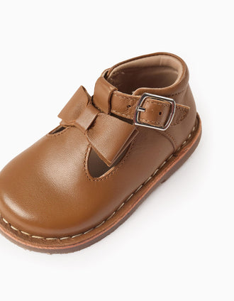 Leather Mary Jane Shoes with Bow for Baby Girls, Camel