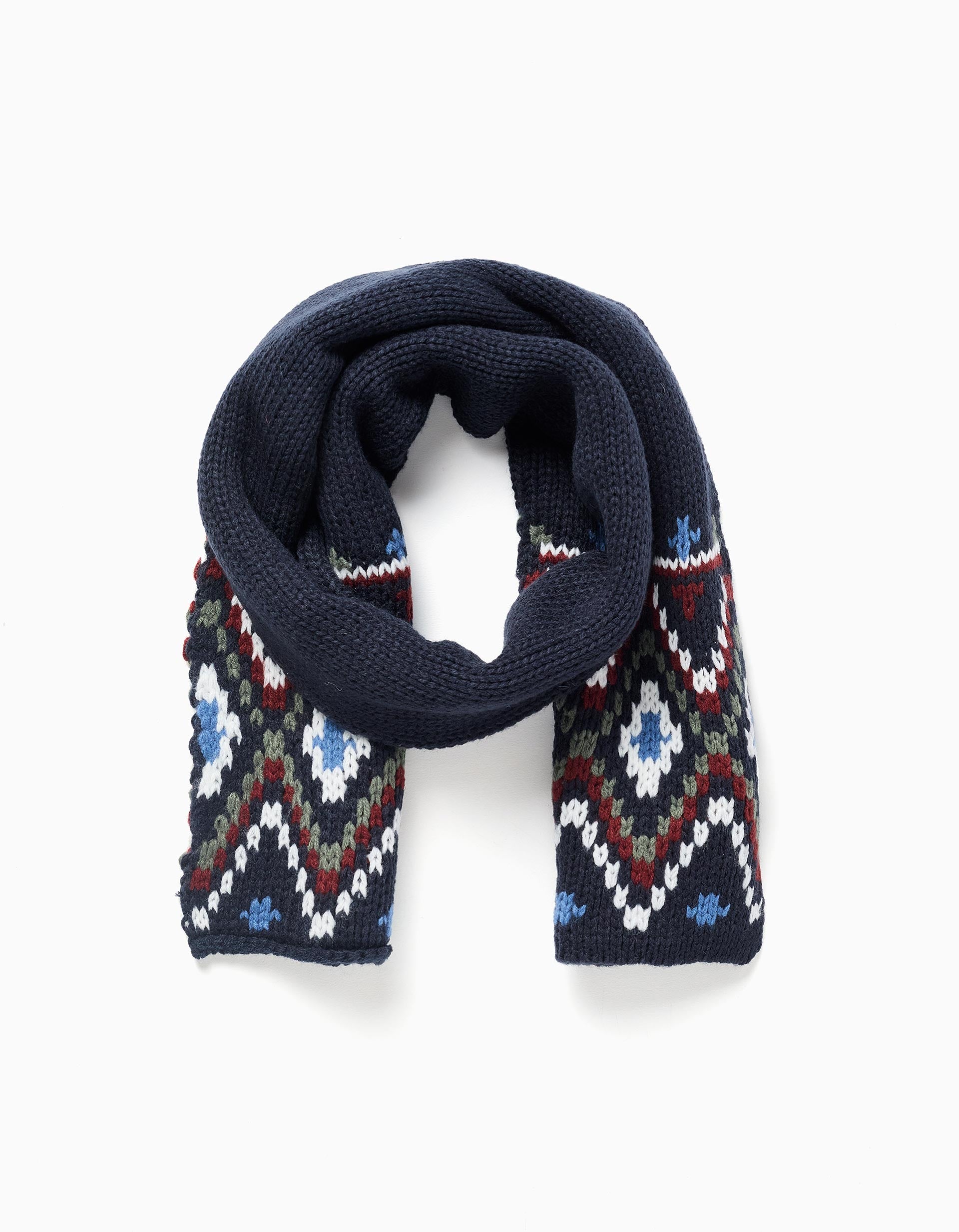 Knitted beanie + scarf with jacquard pattern for boys, dark blue