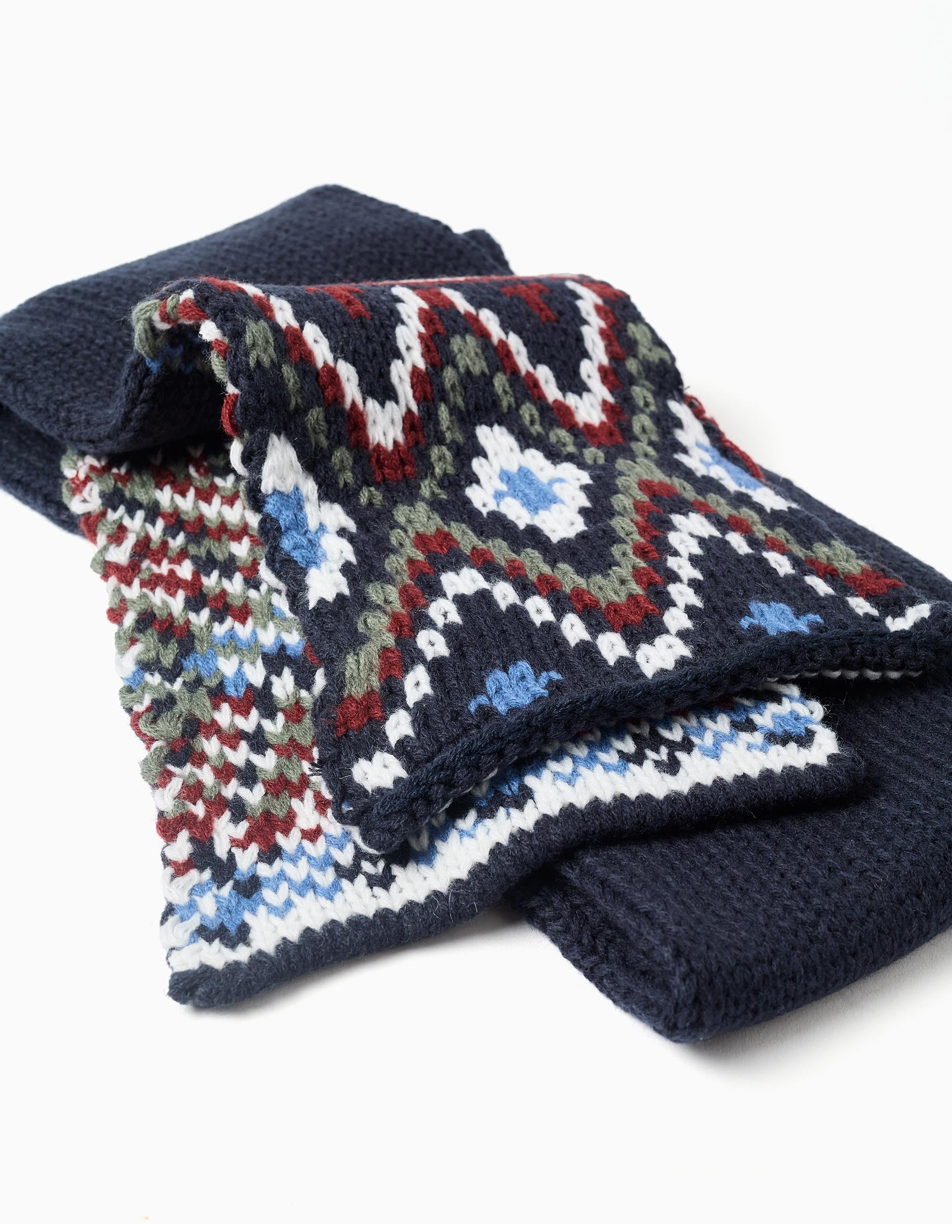 Knitted beanie + scarf with jacquard pattern for boys, dark blue
