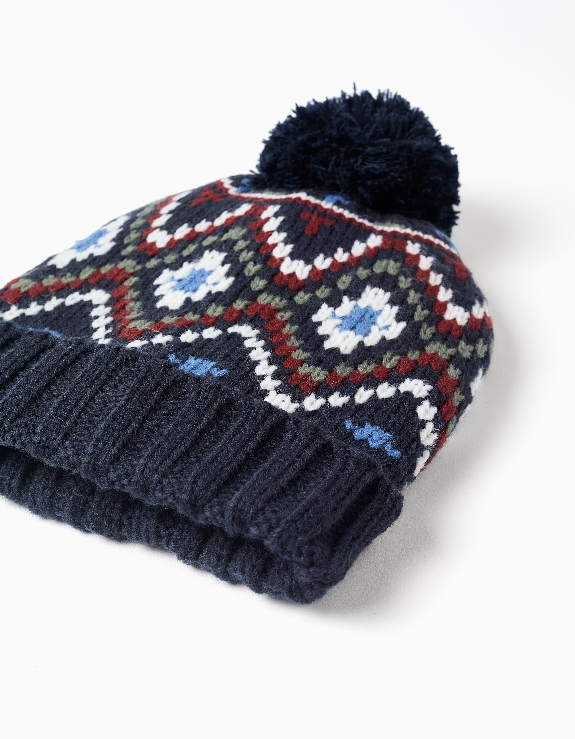 Knitted beanie + scarf with jacquard pattern for boys, dark blue