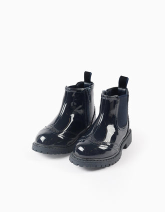 Patent Brogue Chelsea Boots for Baby Girls, Dark Blue