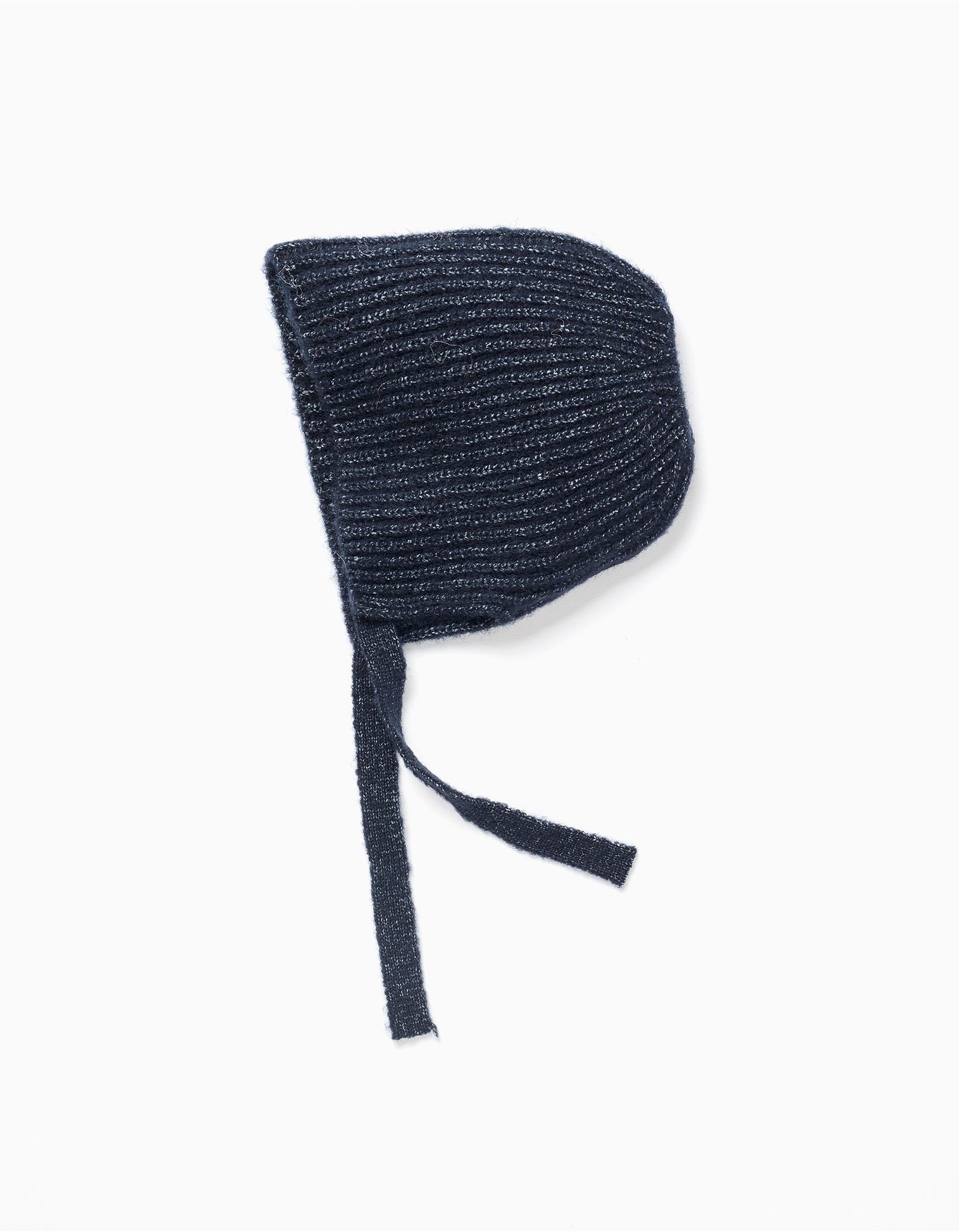 Gorro de punto acanalado con tirantes laterales para recién nacida, azul