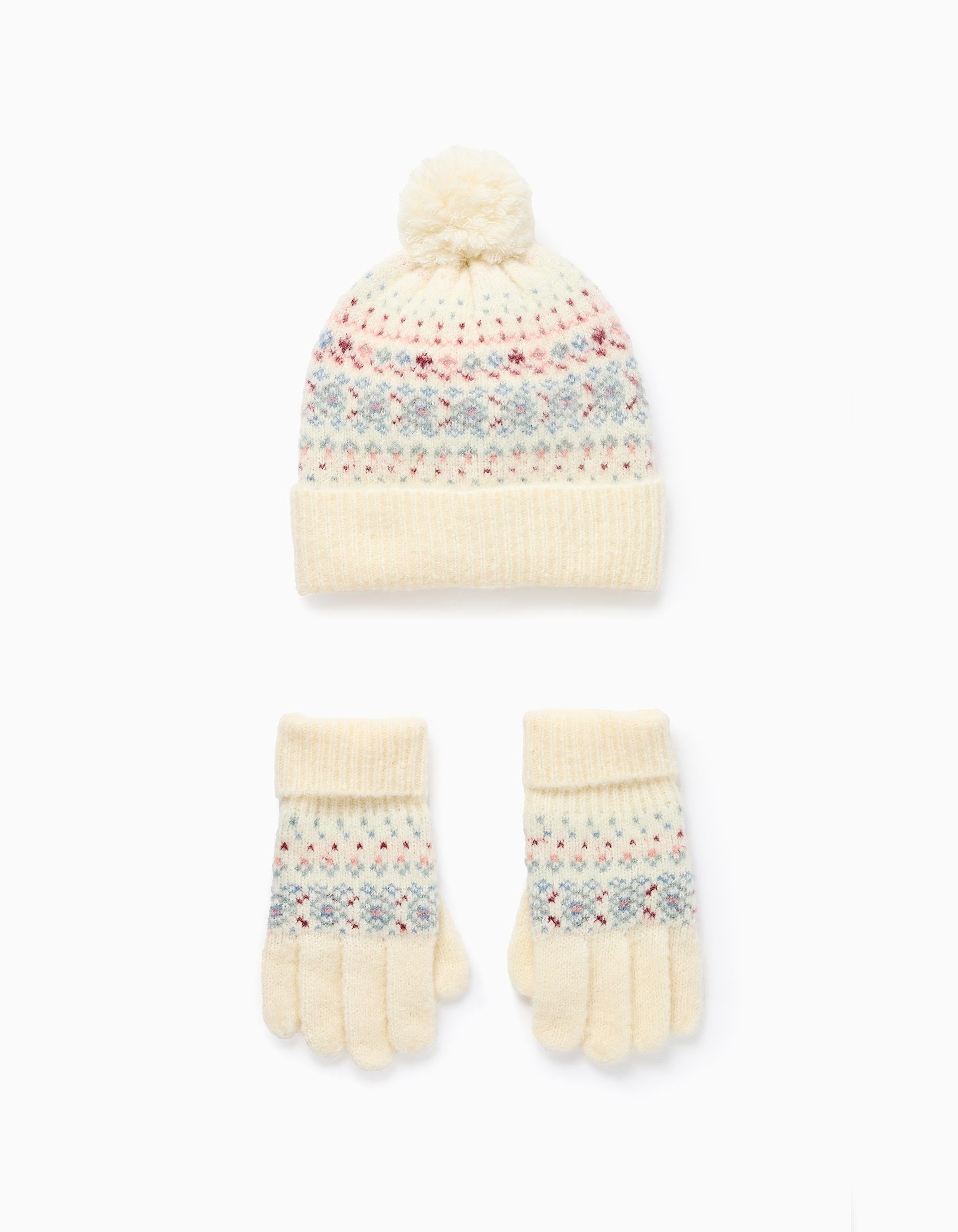 Bonnet + gants en maille avec jacquard pour fille, blanc