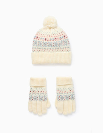 Gorro + guantes de punto con jacquard para niña, blanco