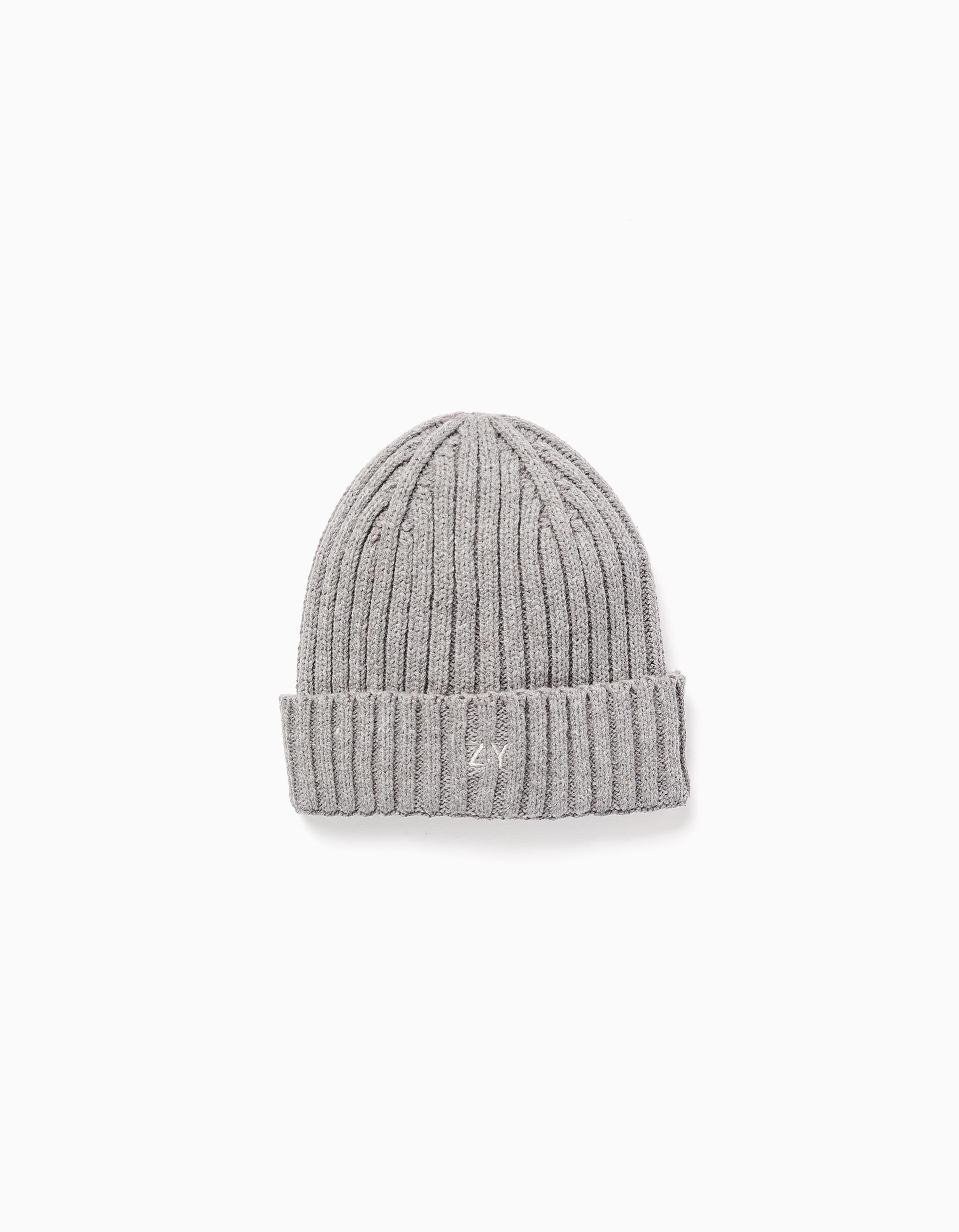 Ribbed knitted beanie with embroidery for boys, grey