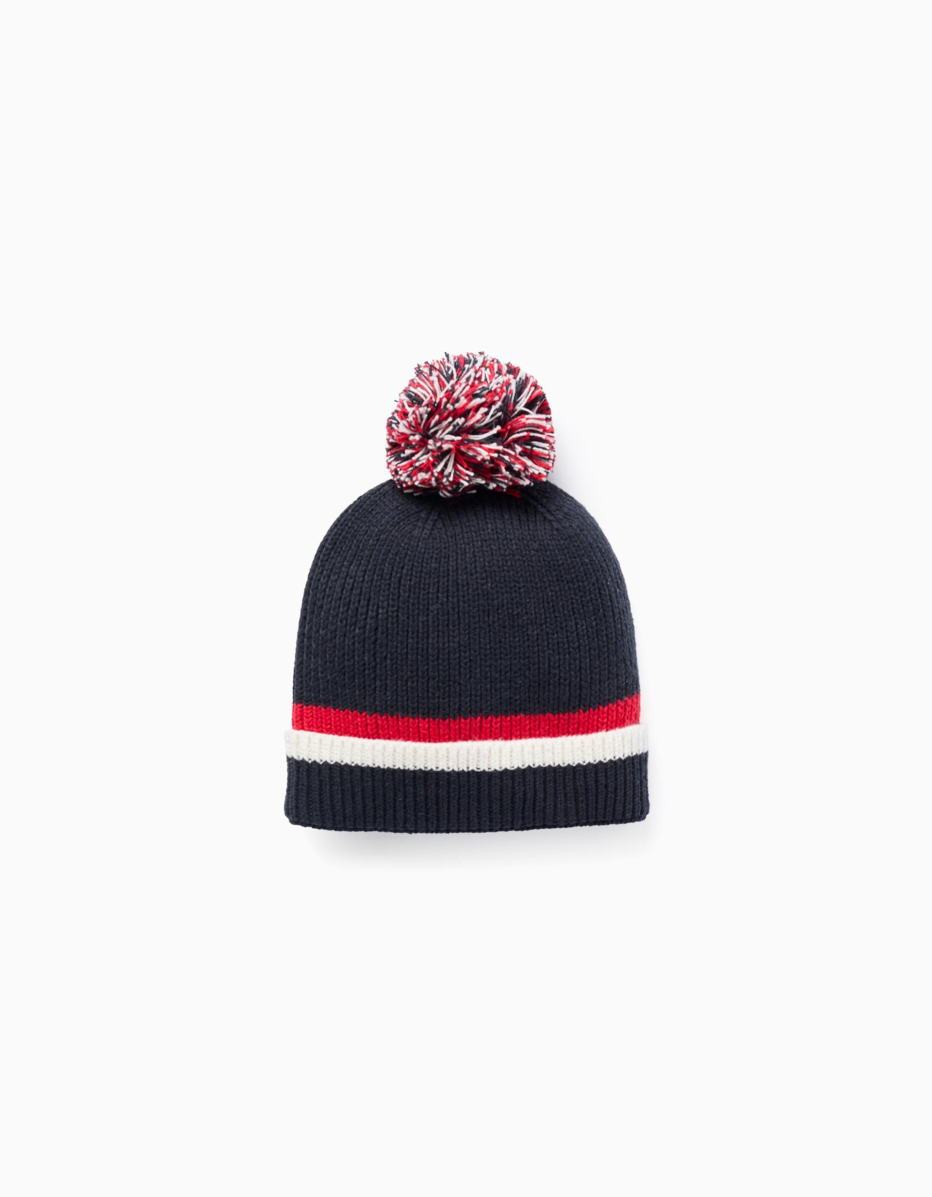 Gorro de punto acanalado con pompón para niño, azul oscuro/rojo/blanco