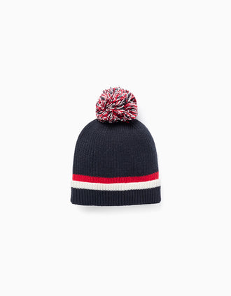 Gorro de malha canelada com pompom para menino, azul/vermelho/branco