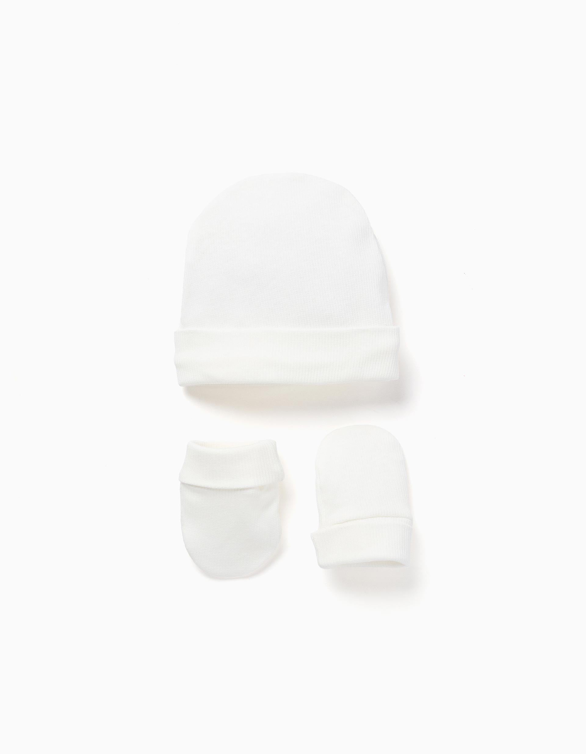 Conjunto de gorro + luvas de malha para recém-nascidos, branco