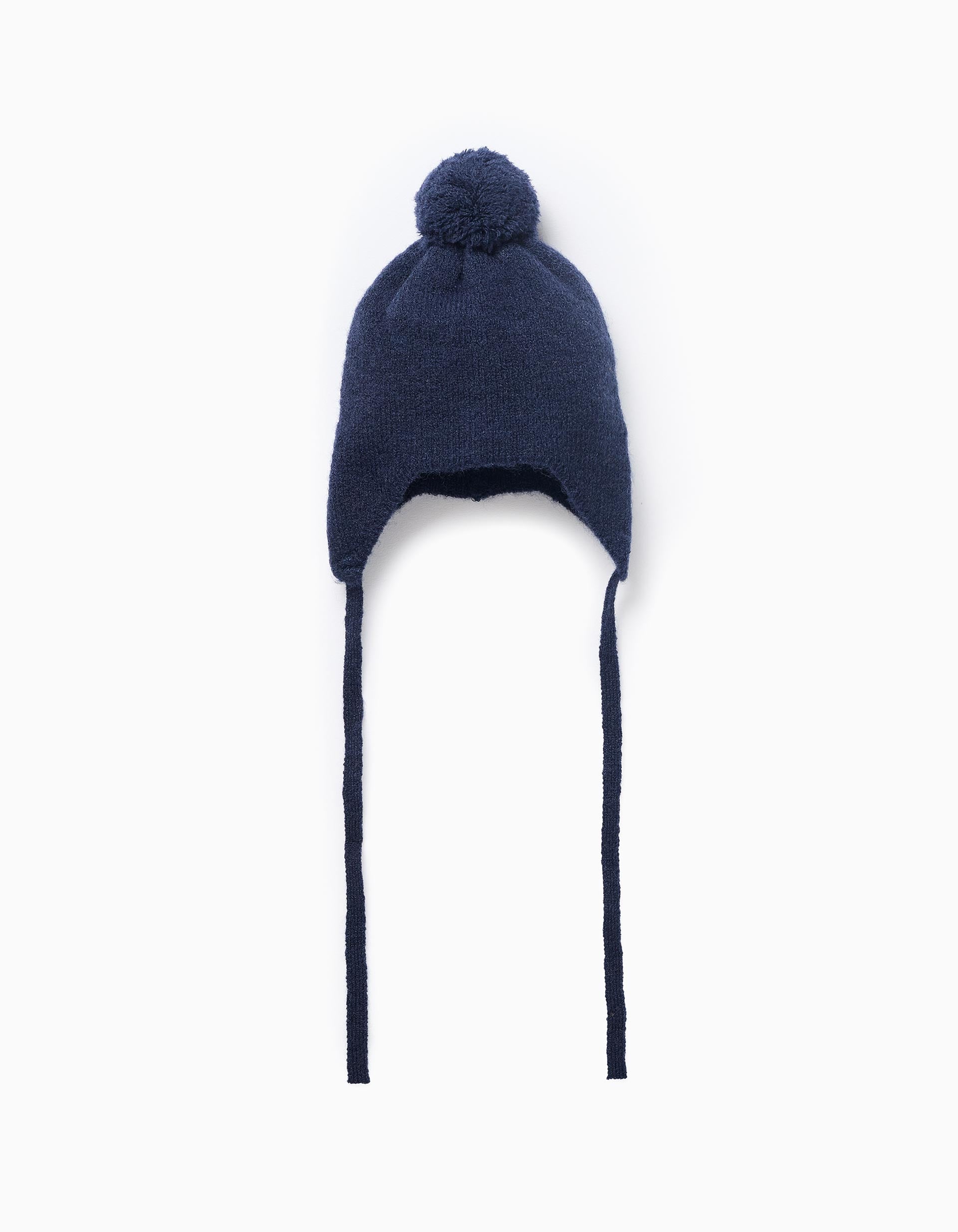 Gorro de punto con tirantes laterales y pompón para recién nacido, azul