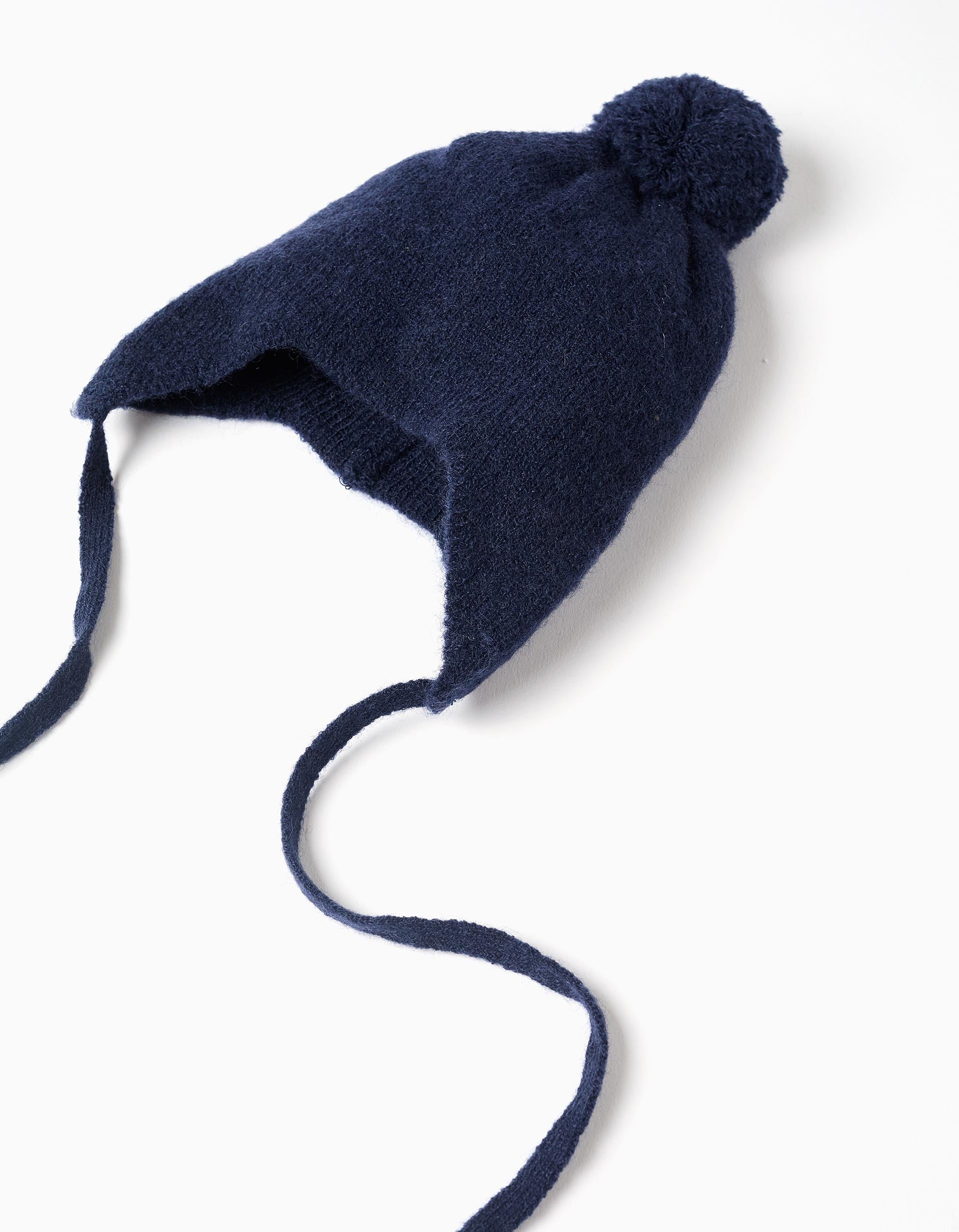 Gorro de malha com tiras laterais e pompom para recém-nascido, azul