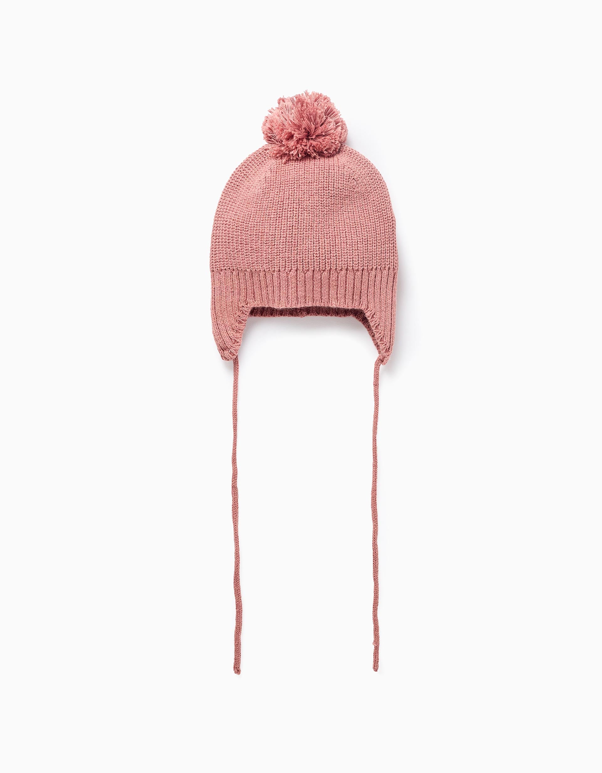 Gorro de malha com tiras laterais e pompom para recém-nascida, rosa