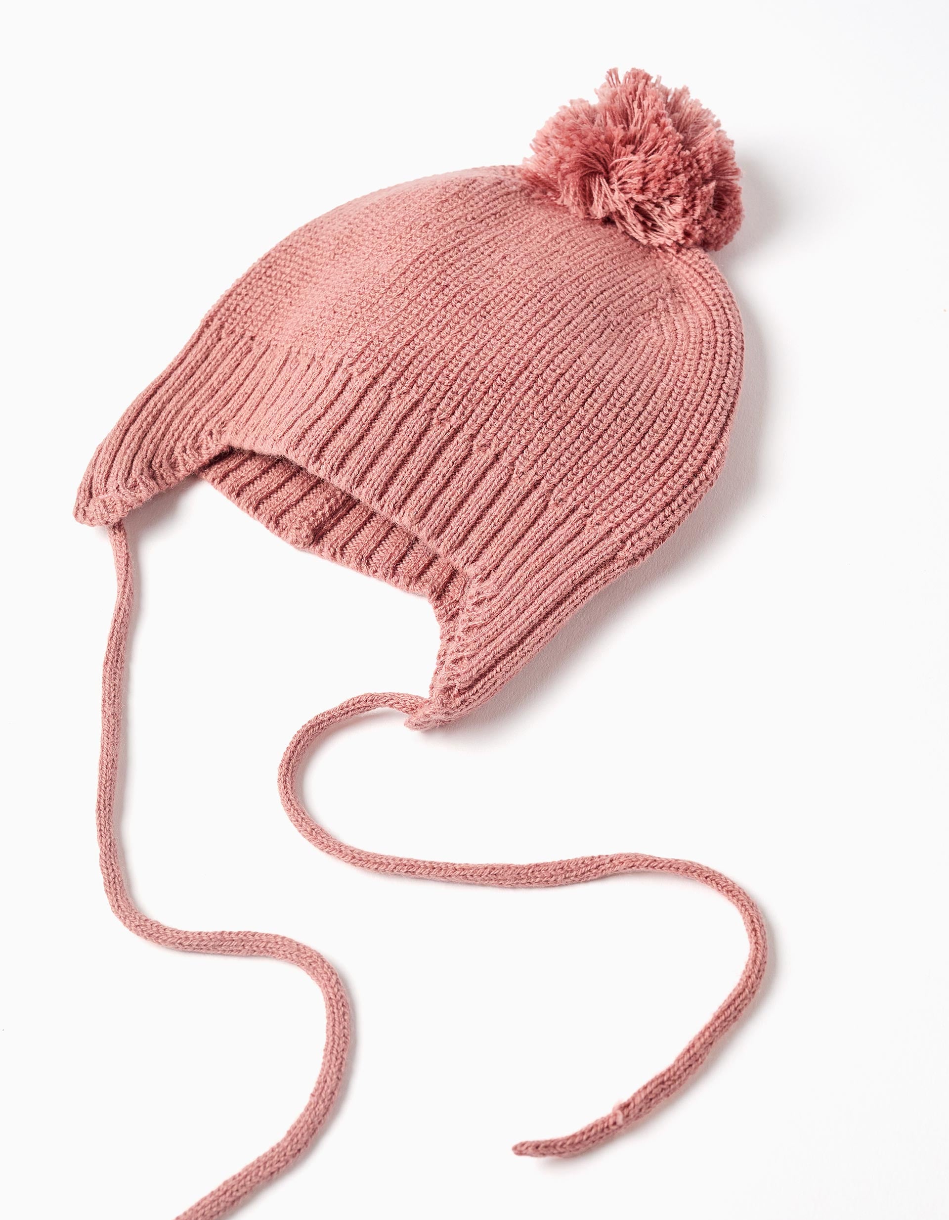 Gorro de malha com tiras laterais e pompom para recém-nascida, rosa
