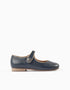 Leather T-Bar Ballerina Flats for Girls, Dark Blue