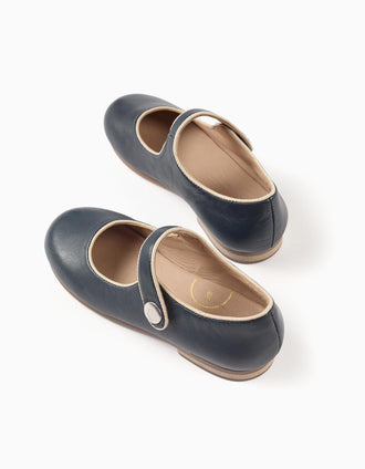 Ballerines T-Bar en Cuir pour Fille, Bleu Foncé