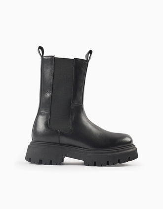 Botas de Pele com Painel Elástico para Menina, Preto