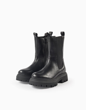 Botas de Pele com Painel Elástico para Menina, Preto