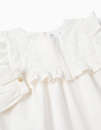 Cotton Blouse with Ruffles and Embroidery for Girls, White