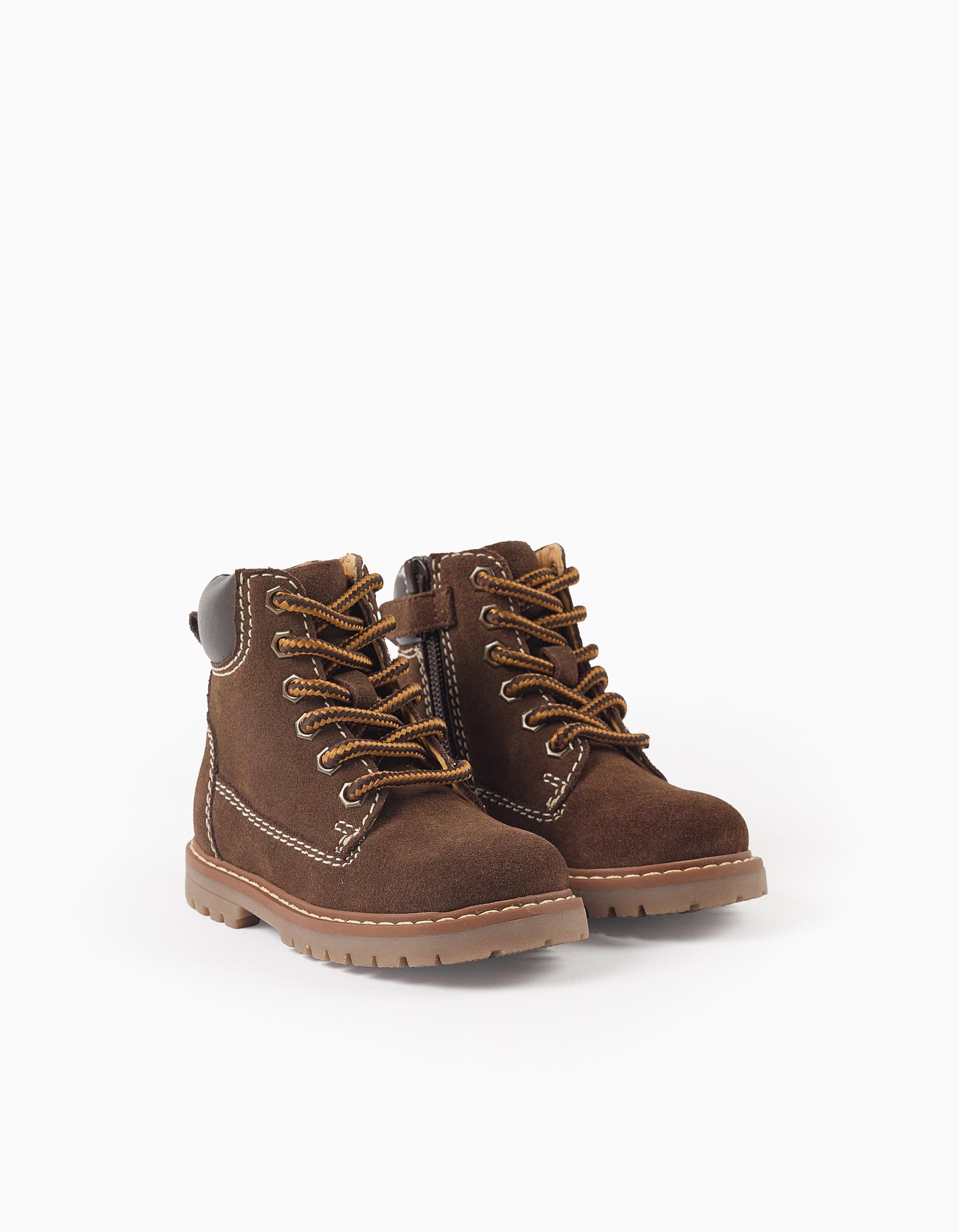 Leather mountain boots with laces for baby boys, brown