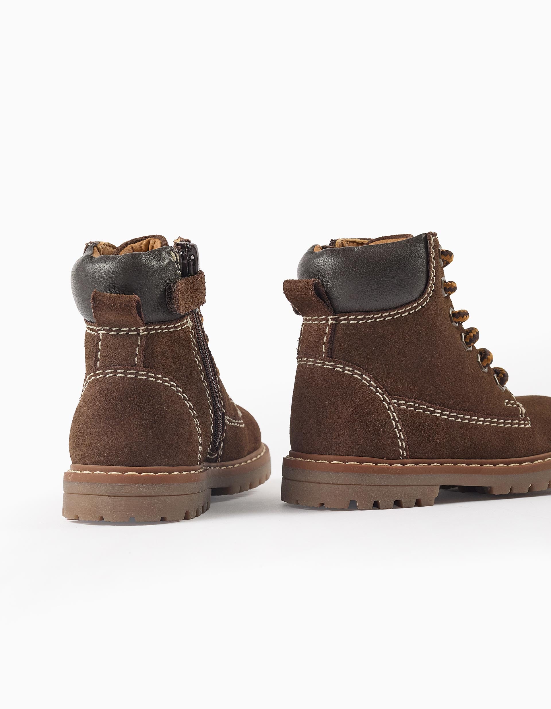 Leather mountain boots with laces for baby boys, brown
