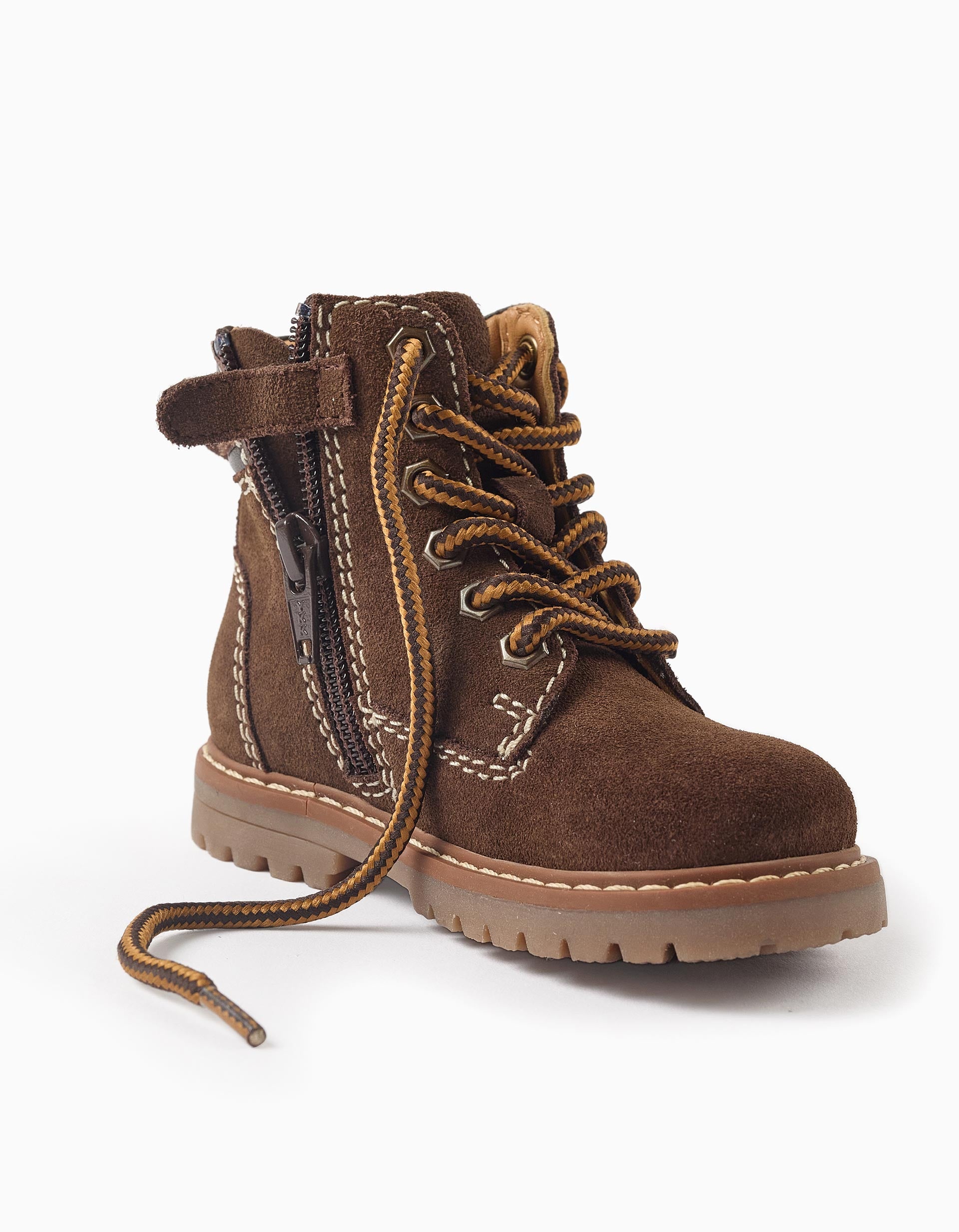 Leather mountain boots with laces for baby boys, brown