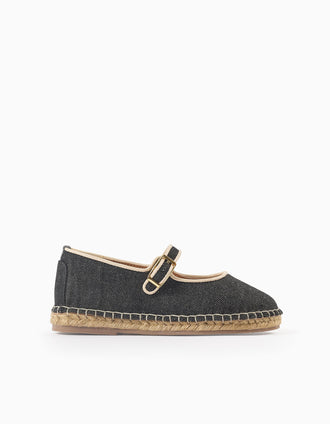 Ballerines en Denim avec Jute pour Fille, Noir/Beige