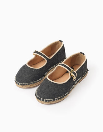 Ballerines en Denim avec Jute pour Fille, Noir/Beige