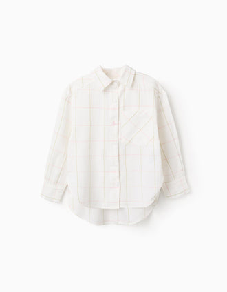 Camisa de Algodón Asimétrica a Cuadros para Niña, Blanco