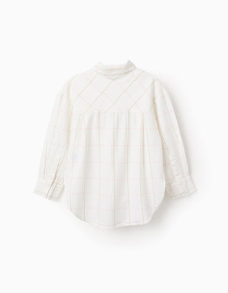 Camisa de Algodón Asimétrica a Cuadros para Niña, Blanco