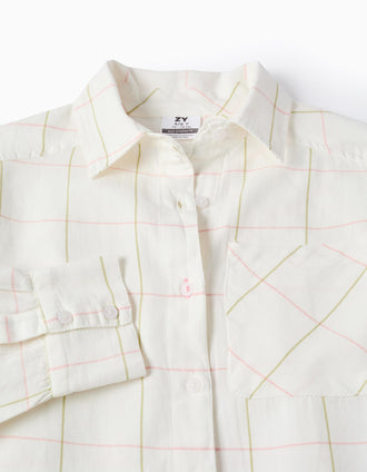 Camisa de Algodón Asimétrica a Cuadros para Niña, Blanco