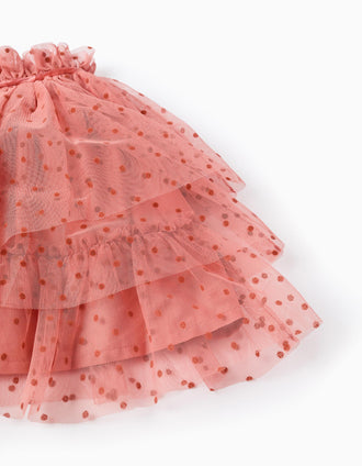 Falda de tul con lunares de terciopelo para niña, rosa