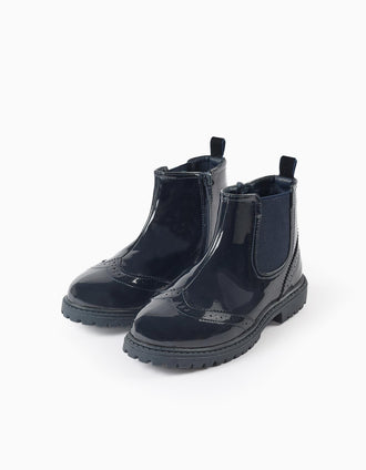 Botas Chelsea de Verniz com Brogue para Menina, Azul Escuro