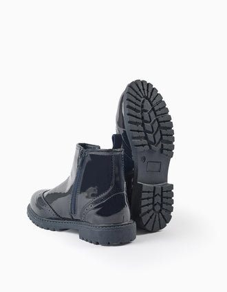 Botas Chelsea de Verniz com Brogue para Menina, Azul Escuro