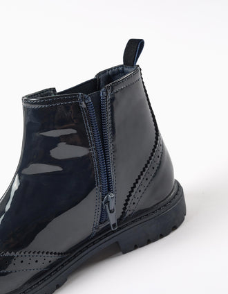 Botas Chelsea de Verniz com Brogue para Menina, Azul Escuro