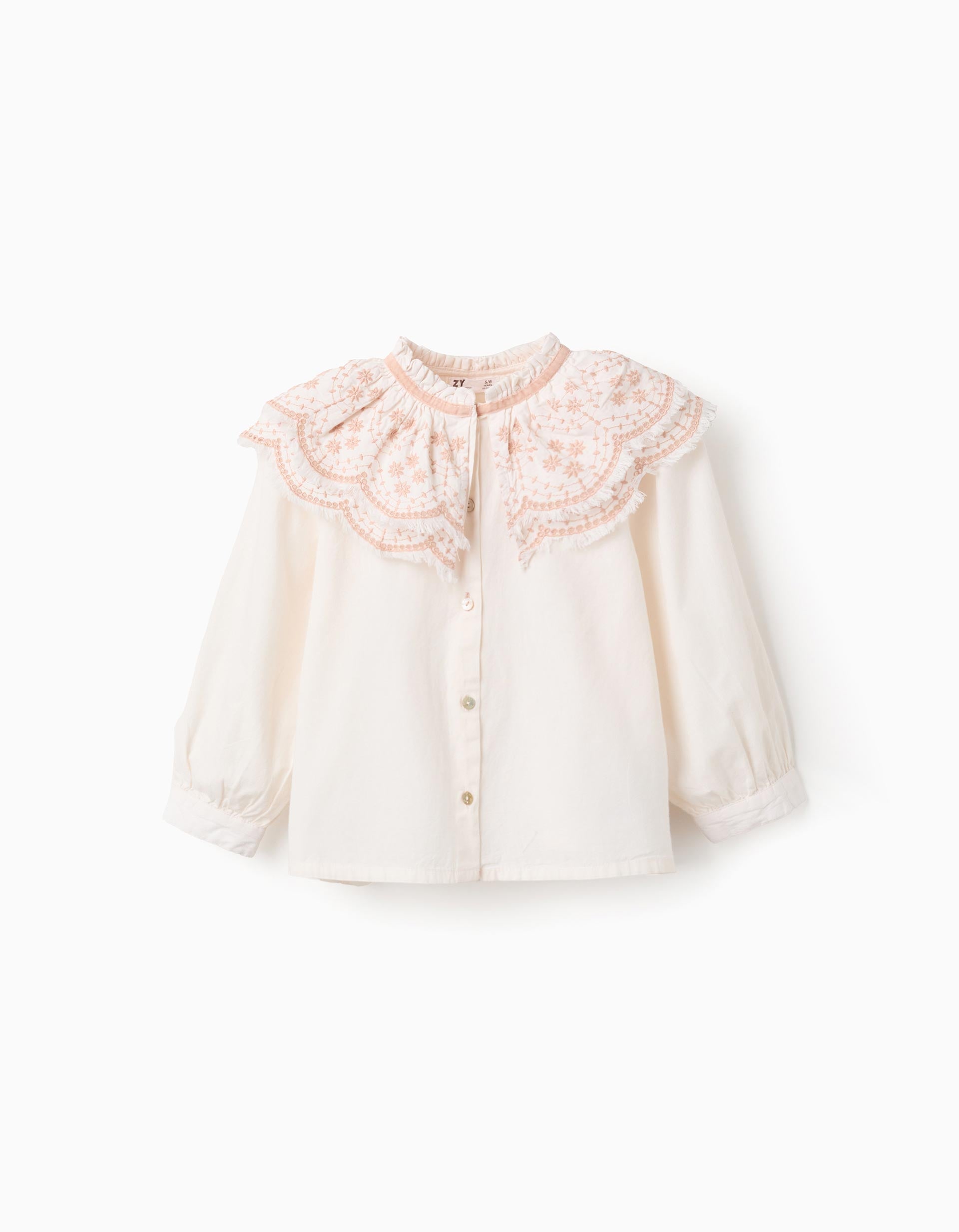 Poplin blouse with embroidered details for girls, white/pink