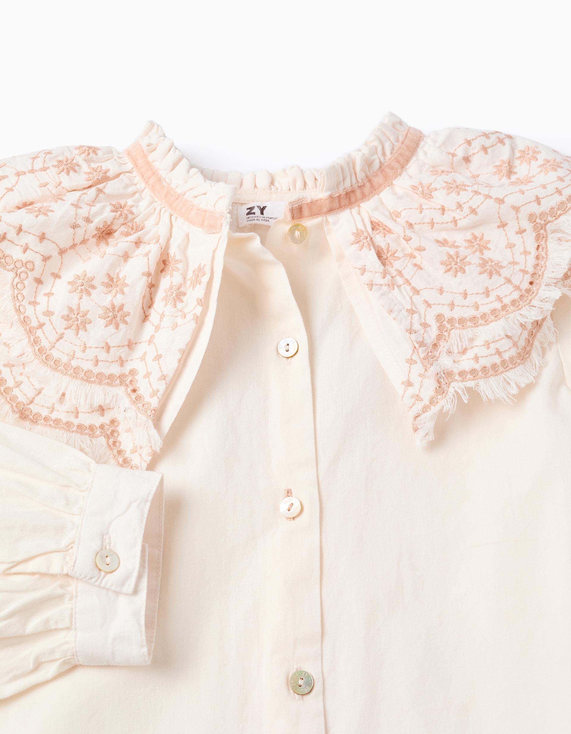 Poplin blouse with embroidered details for girls, white/pink