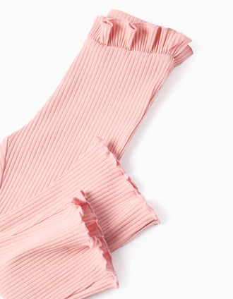 Flared Ruffled Ribbed Trousers for Baby Girls, Pink
