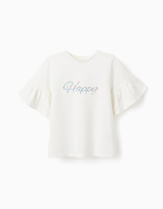Camiseta de Algodón con Mangas de Volantes para Niña 'Happy', Blanco