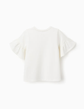 Camiseta de Algodón con Mangas de Volantes para Niña 'Happy', Blanco