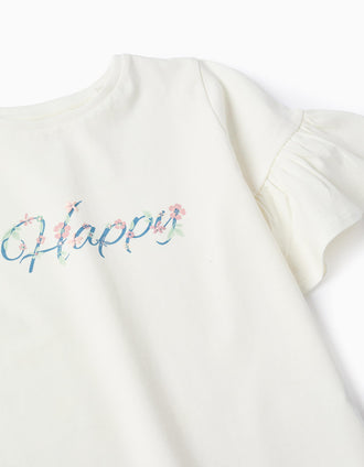 Camiseta de Algodón con Mangas de Volantes para Niña 'Happy', Blanco