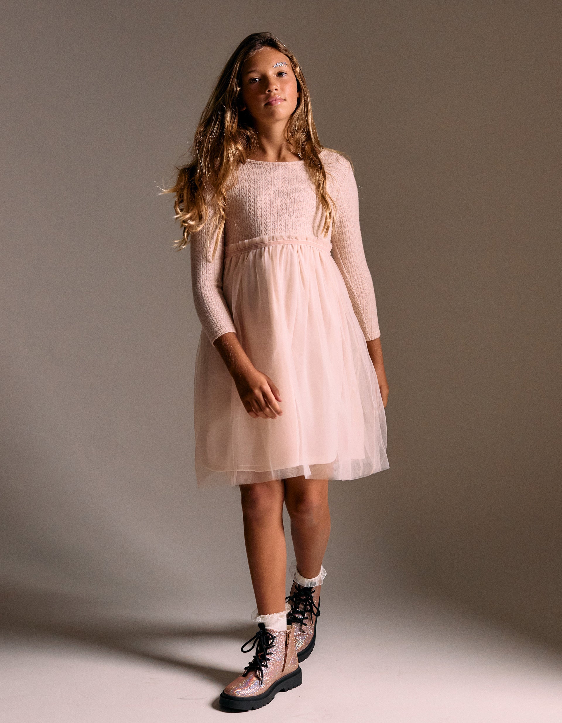 Vestido combinado de malha ajurada e tule para menina, rosa