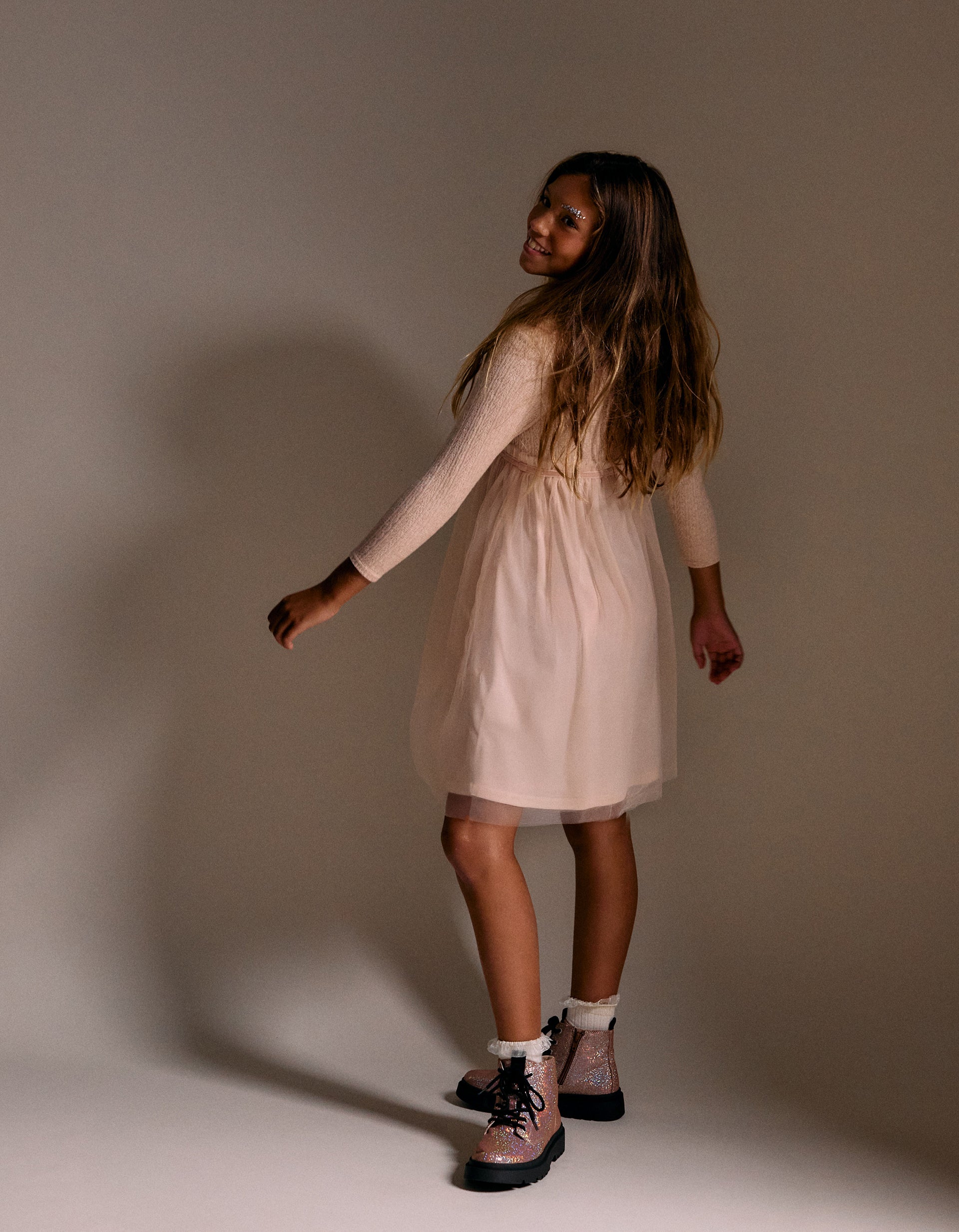 Vestido combinado de malha ajurada e tule para menina, rosa